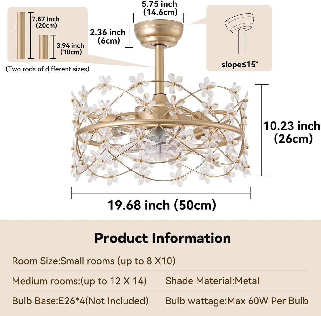 20 Inch Gold Caged Ceiling Fan With Light Remote Control 6 Speed Flower Chandelier Fandelier For Girls Bedroom-4