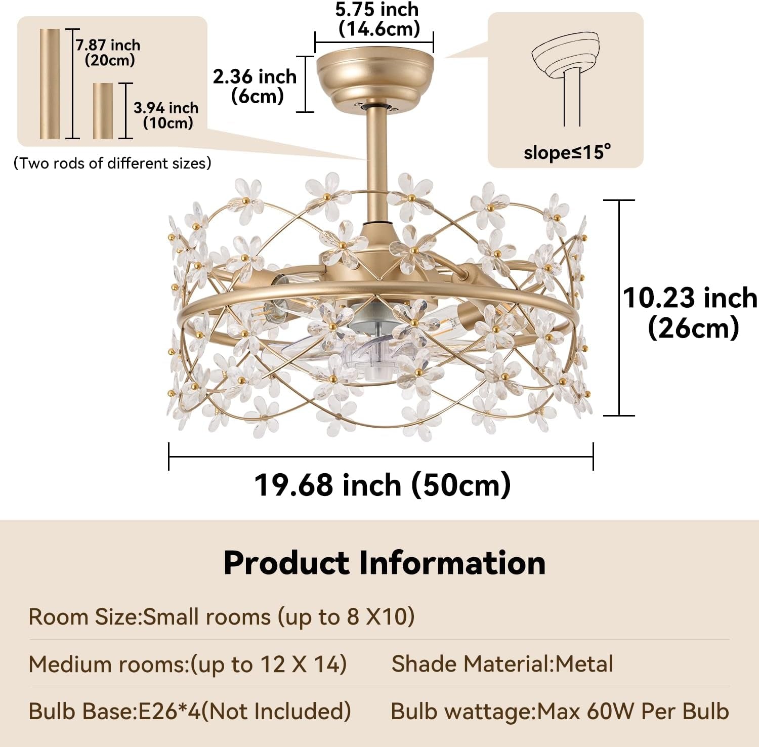 20 Inch Gold Caged Ceiling Fan With Light Remote Control 6 Speed Flower Chandelier Fandelier For Girls Bedroom-4