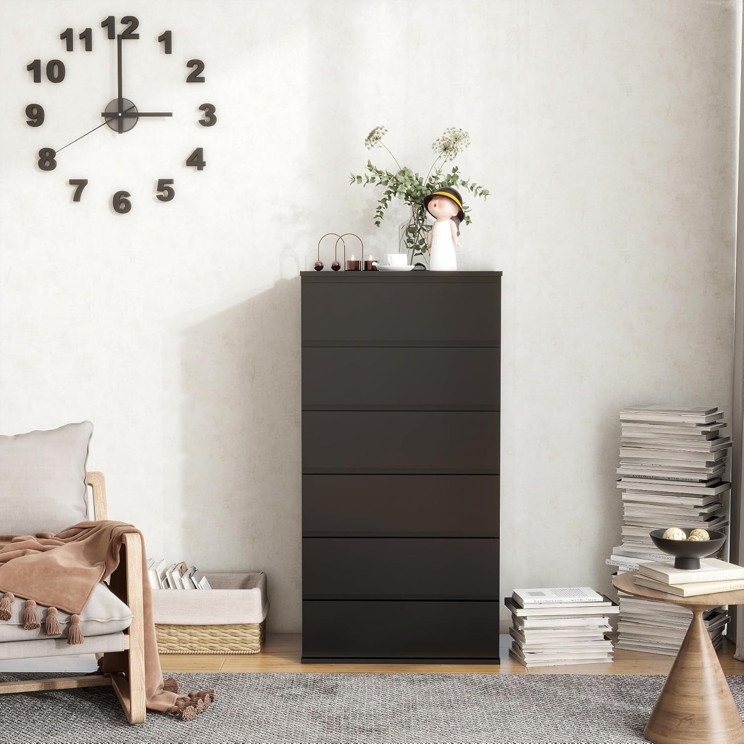 Black Handleless Dresser With 6-Drawer Storage Cabinet