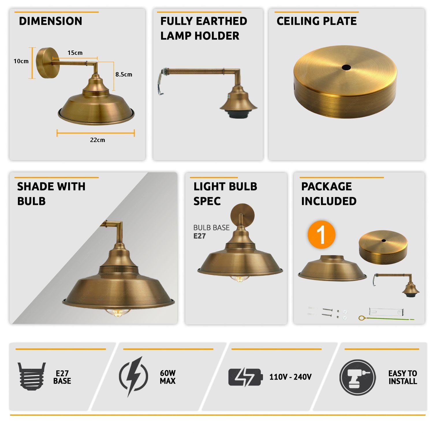 Industrial Vintage Retro Wall Lamp Indoor E27 Edison  Yellow Brass Lighting Sconces~3810