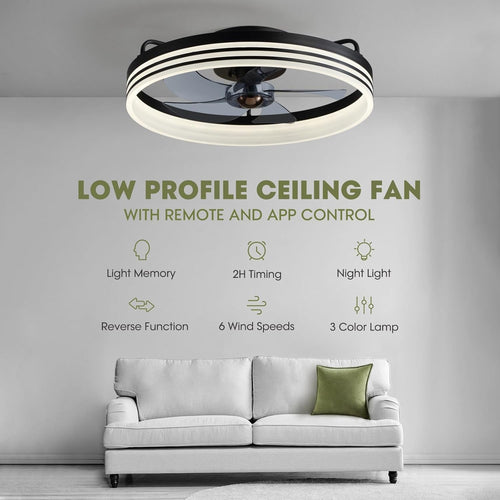 20 Inch Black Flush Mount Ceiling Fan With Lights And Remote