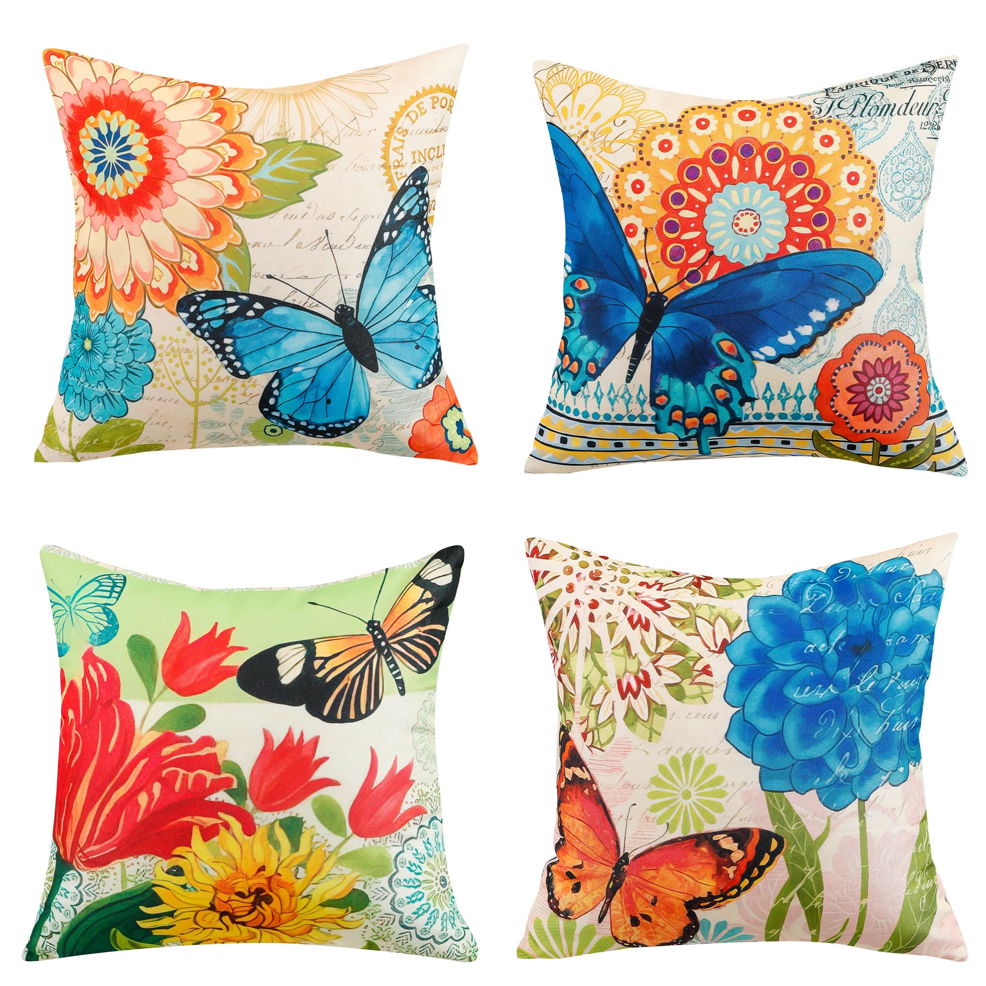 Colourful Flower and Butterfly Print Waterproof Cushion Cover  - Design 1 (Set of 4 - 45x45cm)