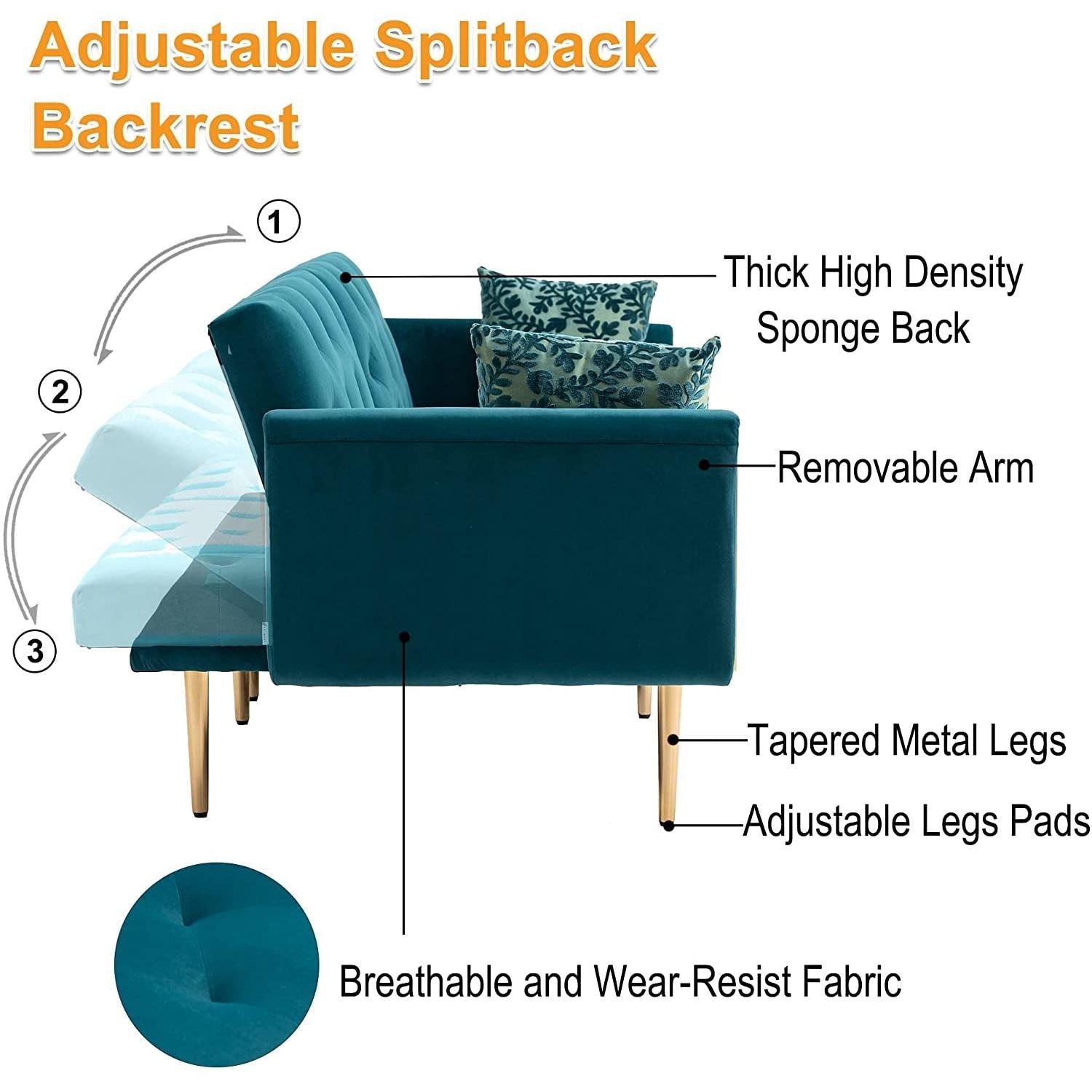 Convertible Velvet Sofa Bed With Golden Legs For Small Spaces