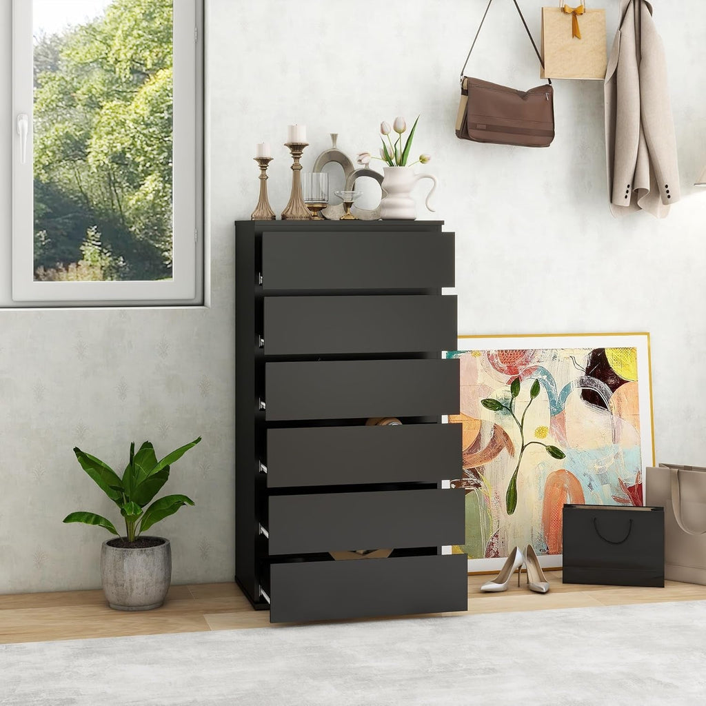 Black Handleless Dresser With 6-Drawer Storage Cabinet