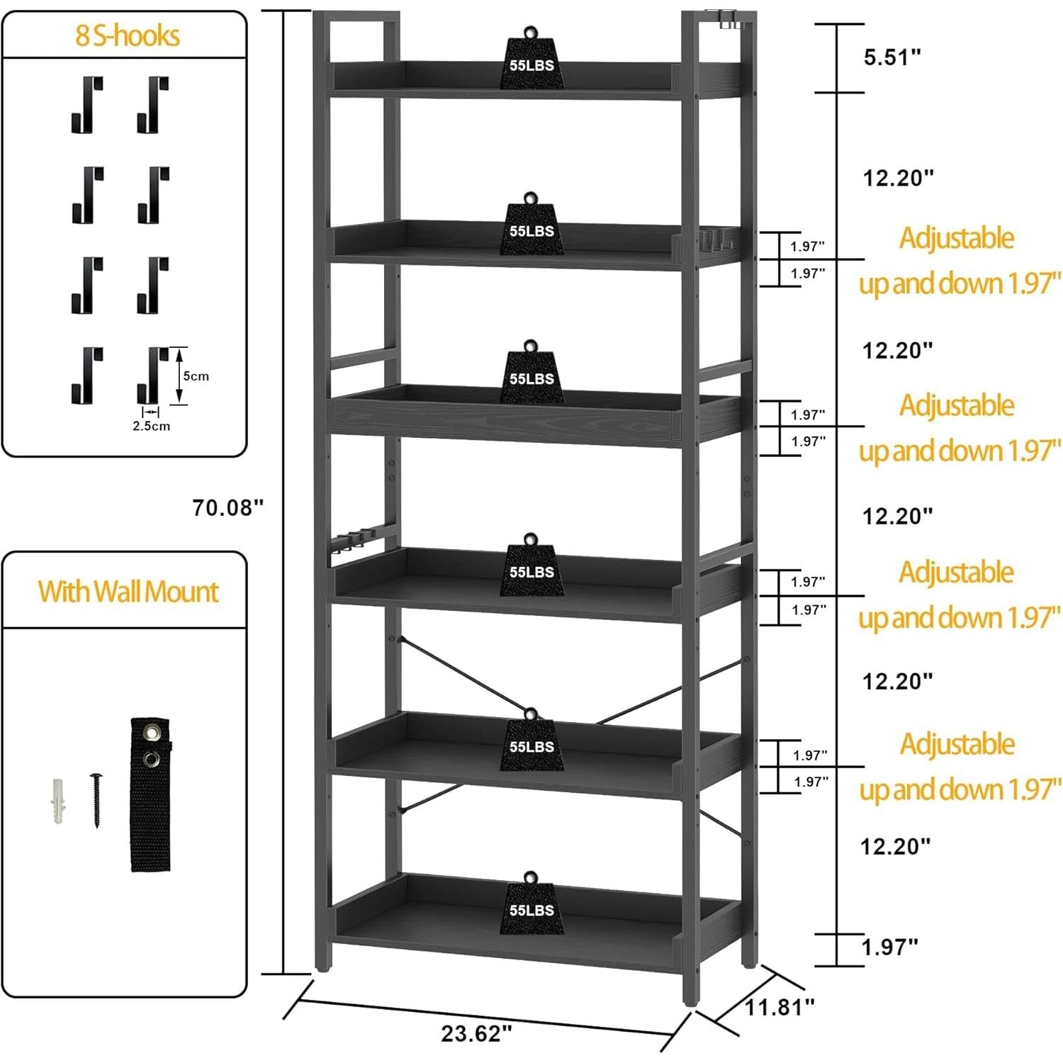 Adjustable Industrial Bookshelf 70 Inch Black Metal