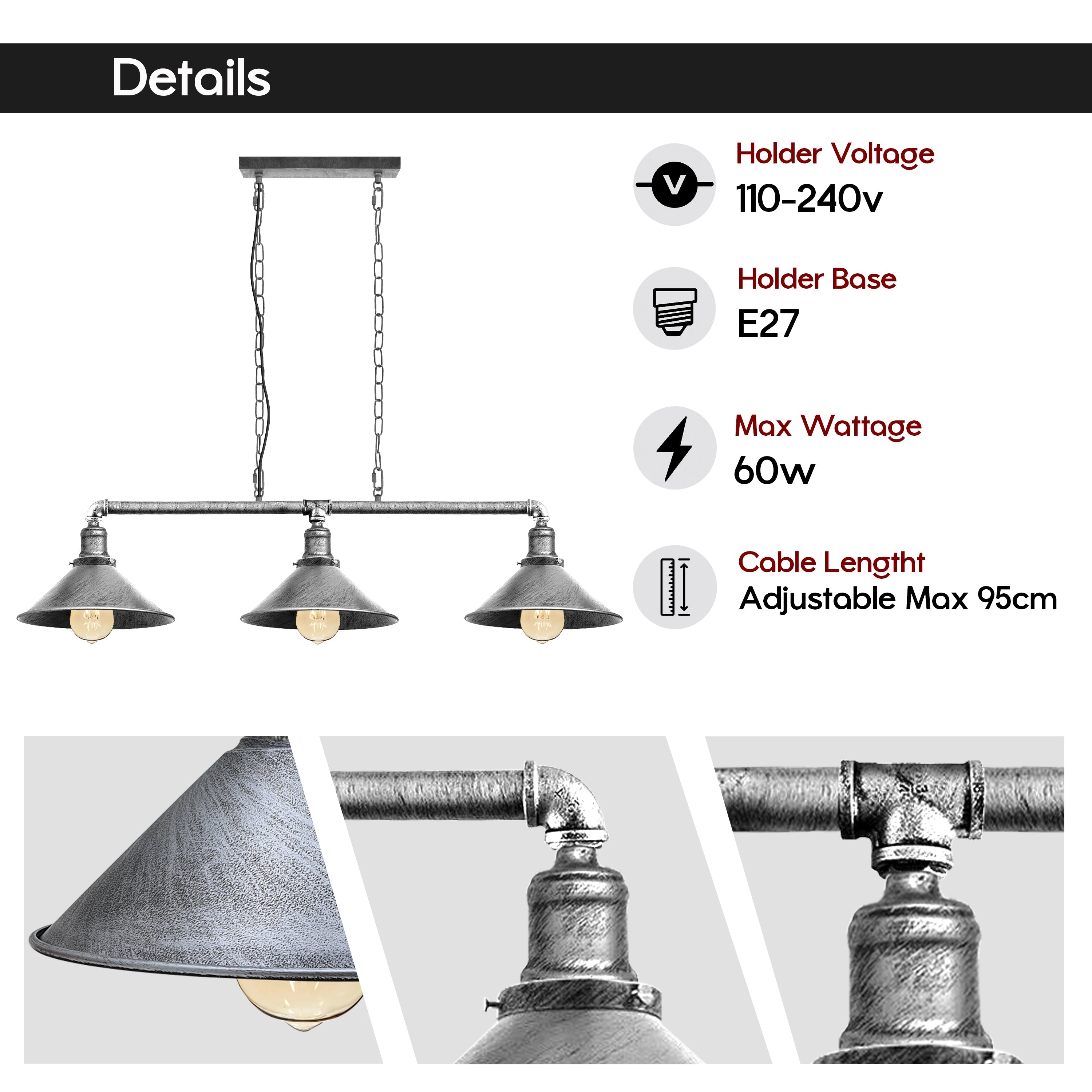 Metal Water Pipe Vintage Light Fitting 3 Lamp ~1861