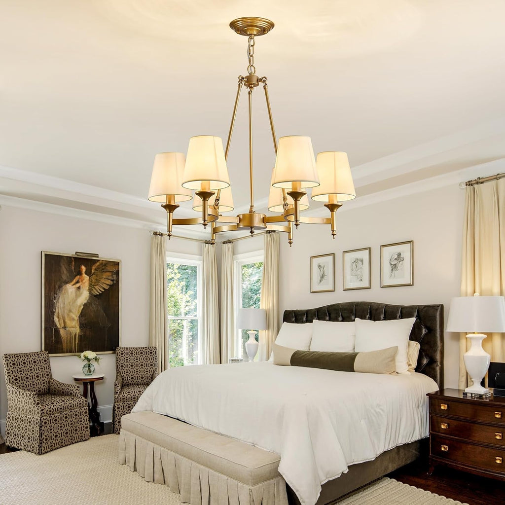 Gold Wagon Wheel Chandelier With White Linen Shade 6 Light