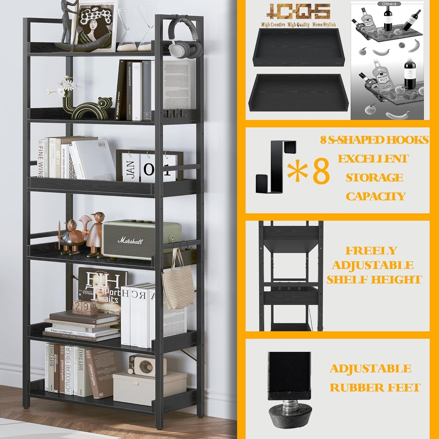 Adjustable Industrial Bookshelf 70 Inch Black Metal
