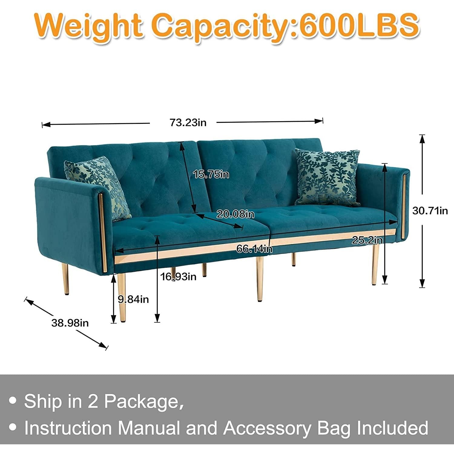 Convertible Velvet Sofa Bed With Golden Legs For Small Spaces