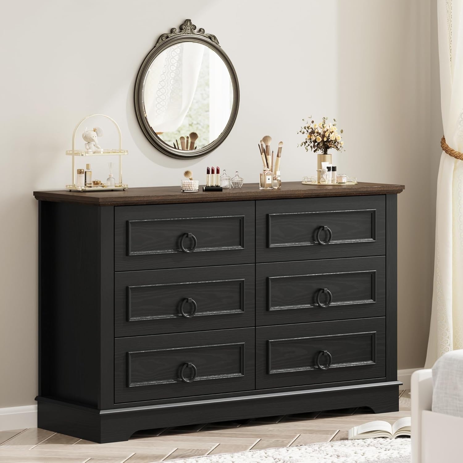 Black FortySevenPointTwoInch Wide Six Drawer Dresser