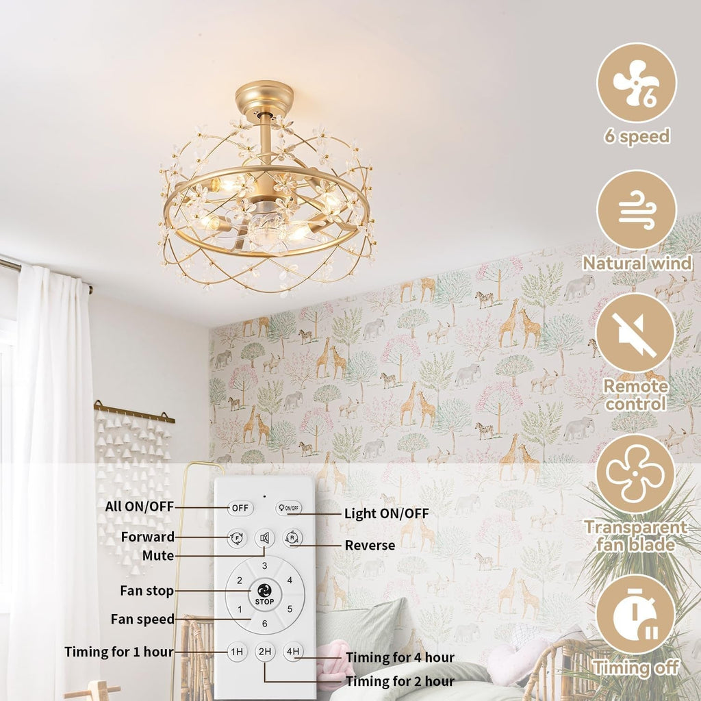 20 Inch Gold Caged Ceiling Fan With Light Remote Control 6 Speed Flower Chandelier Fandelier For Girls Bedroom-3