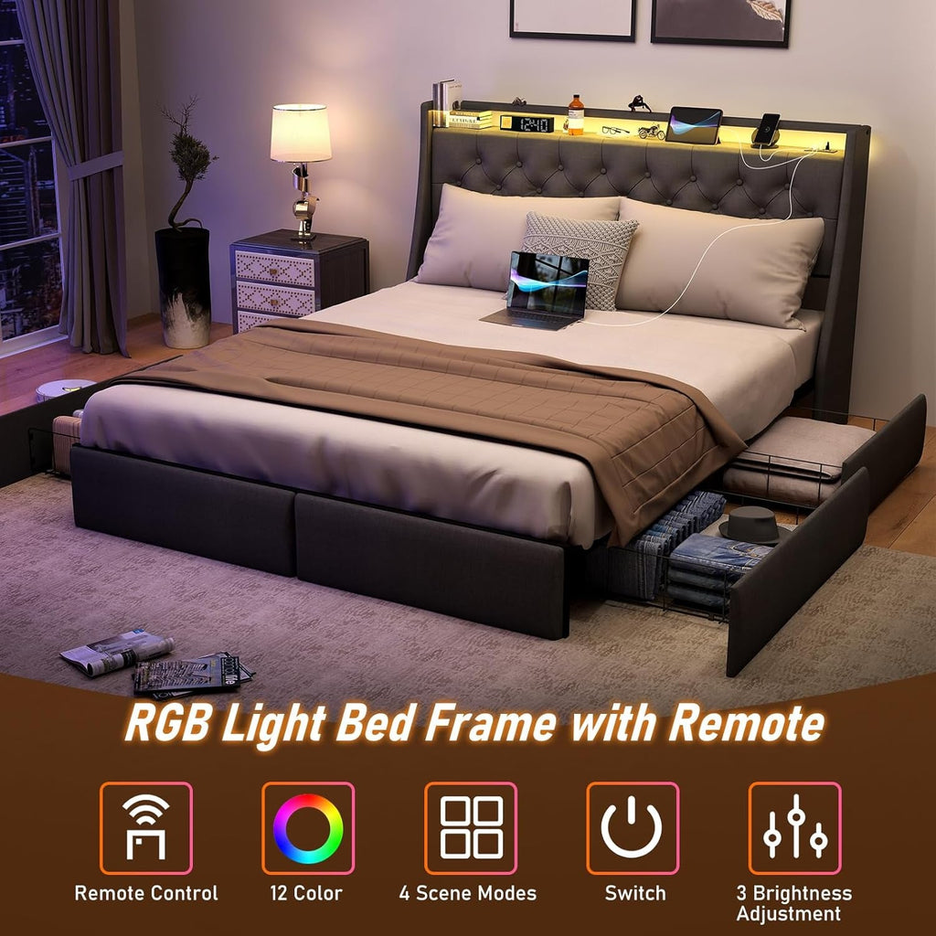 Queen Bed Frame With Storage Headboard LED Lighting-3