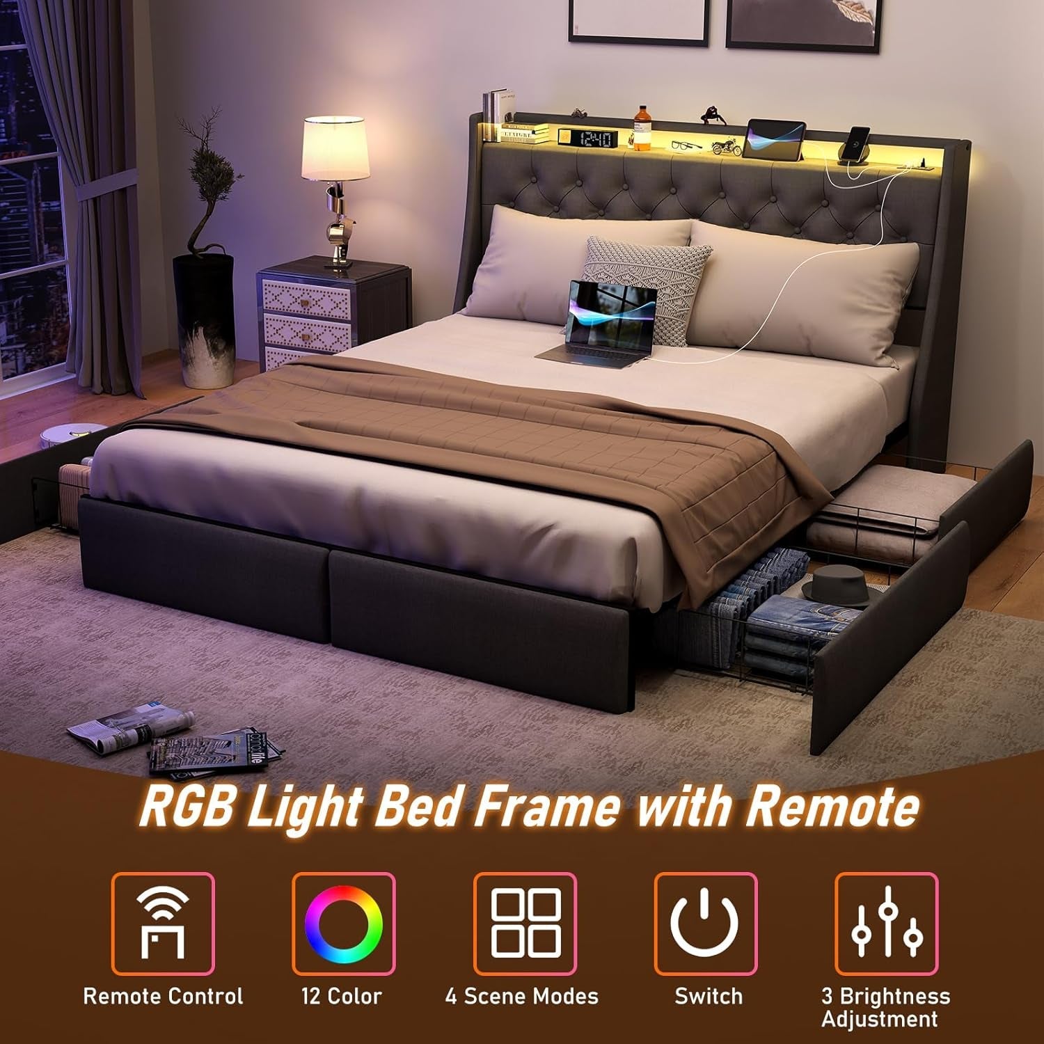 Queen Bed Frame With Storage Headboard LED Lighting-3