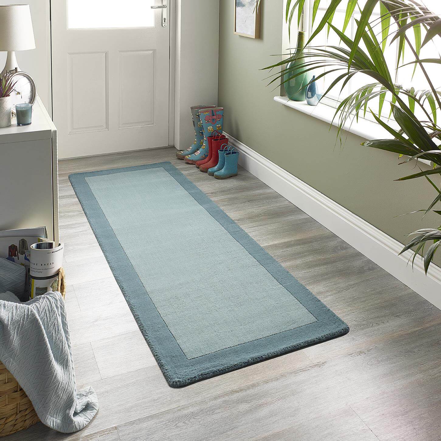 Bordered Duck Egg Blue Wool Rug