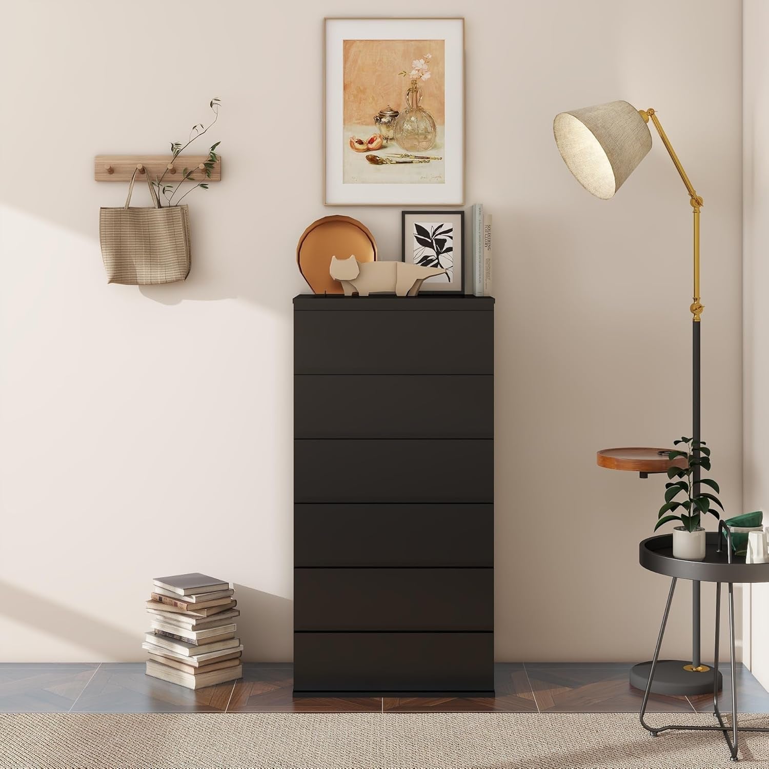 Black Handleless Dresser With 6-Drawer Storage Cabinet