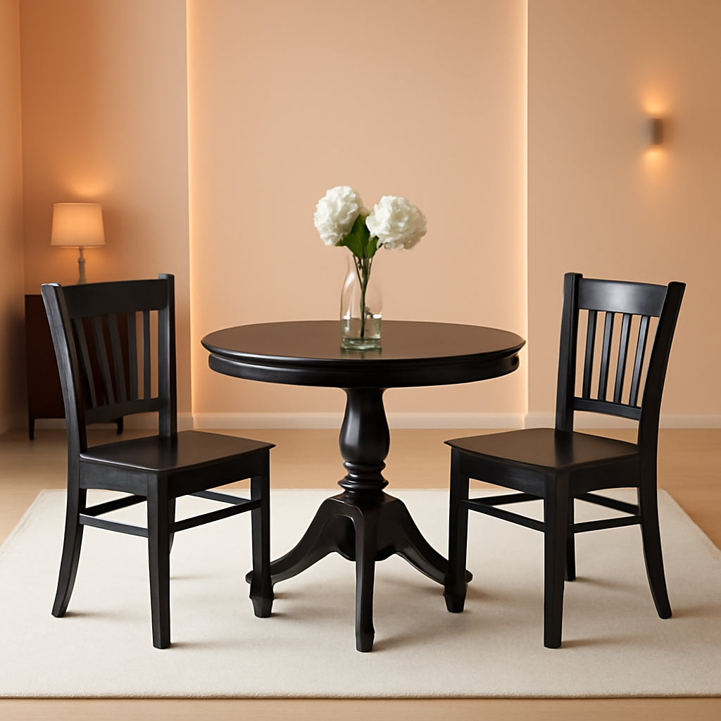 Black Round Dining Table Set 3 Piece Wood Dining Chairs