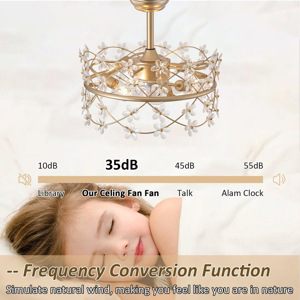 20 Inch Gold Caged Ceiling Fan With Light Remote Control 6 Speed Flower Chandelier Fandelier For Girls Bedroom-2