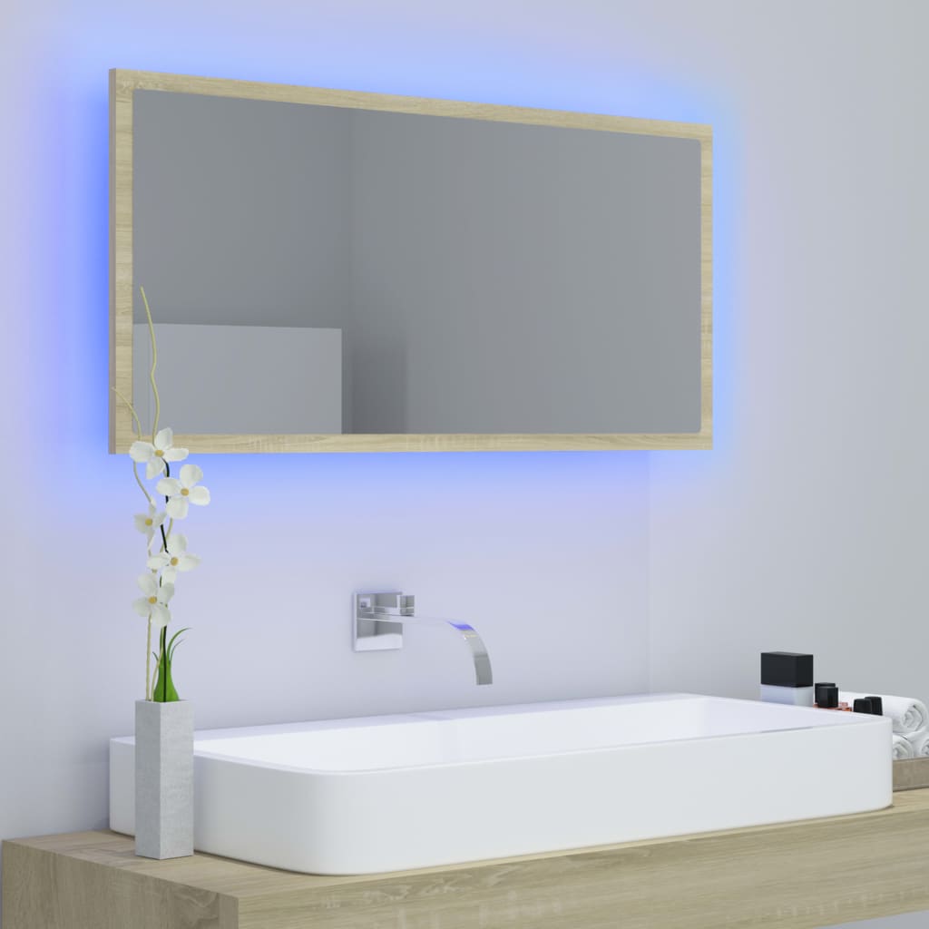 NNEVL LED Bathroom Mirror Sonoma Oak 90x8.5x37 cm Chipboard-3