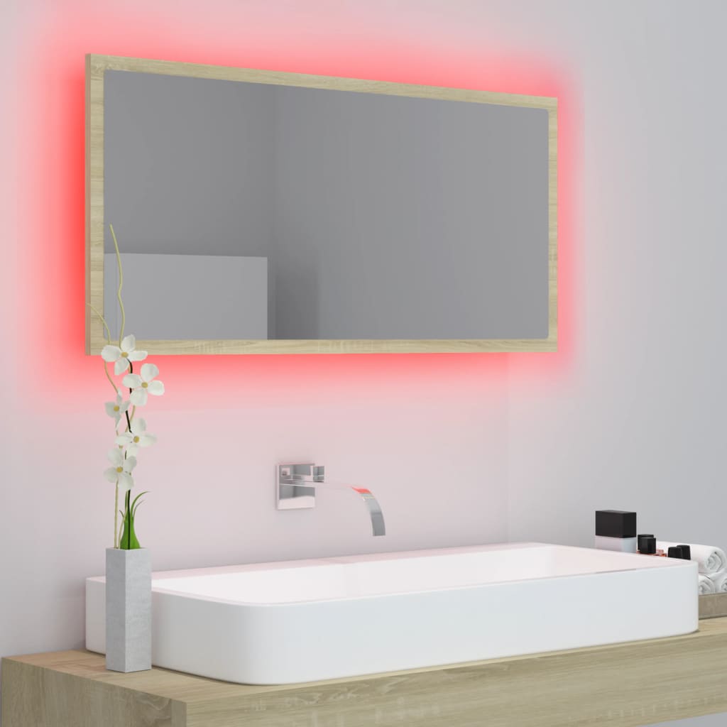 NNEVL LED Bathroom Mirror Sonoma Oak 90x8.5x37 cm Chipboard-4