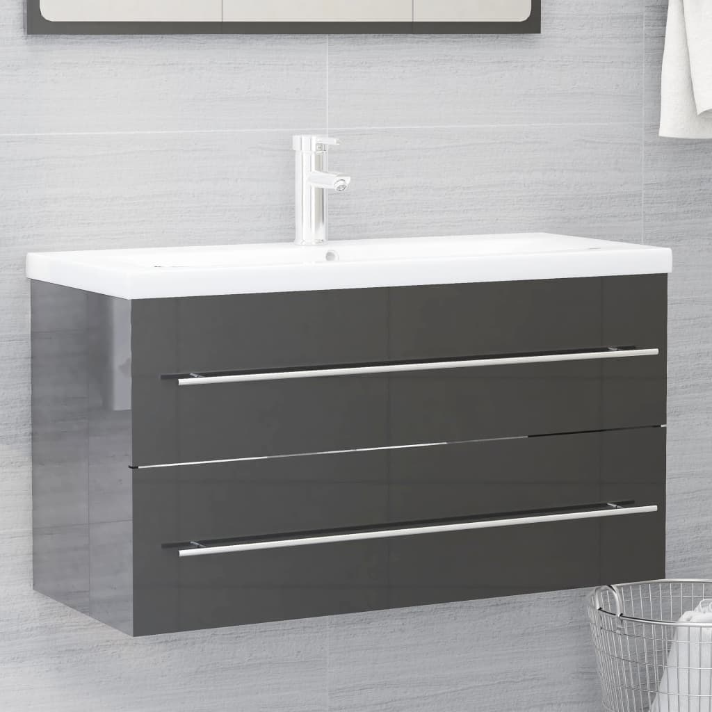 NNEVL 2 Piece Bathroom Furniture Set High Gloss Grey Chipboard-2