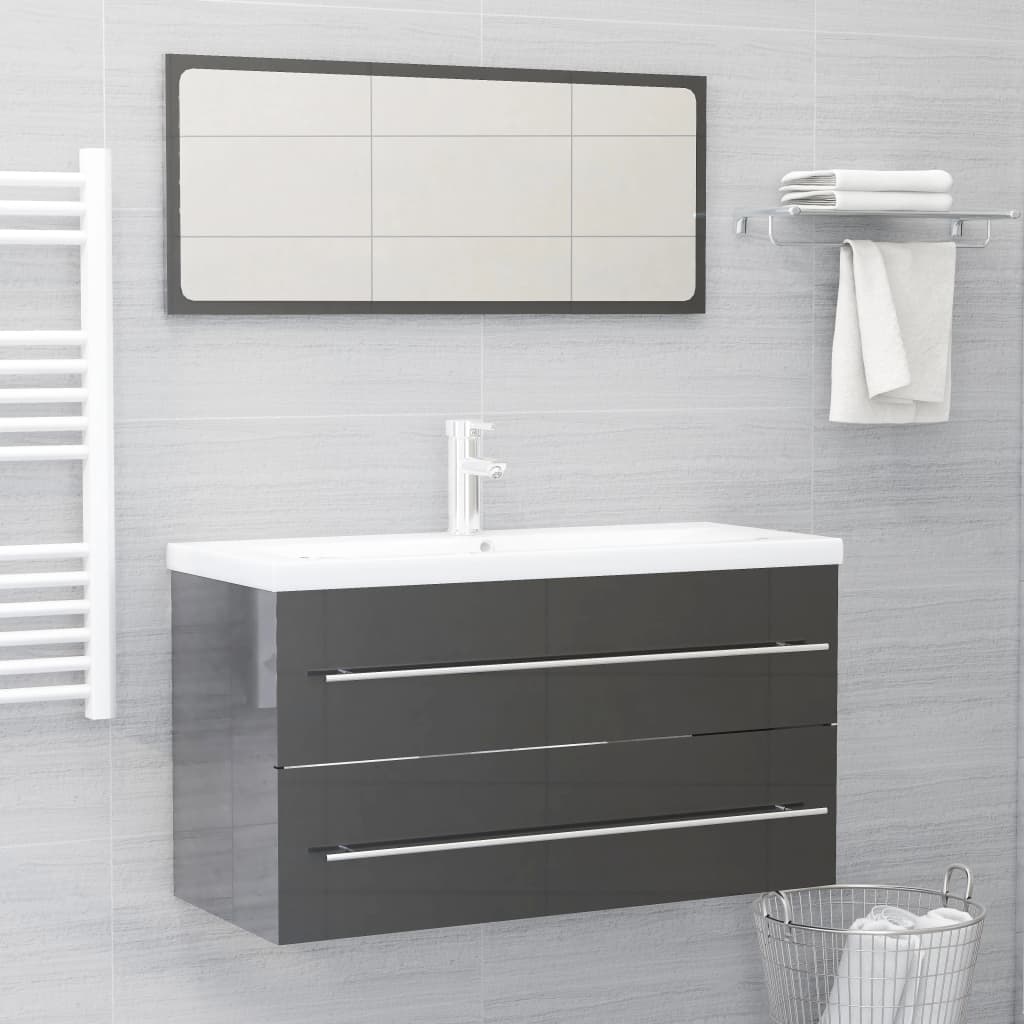 NNEVL 2 Piece Bathroom Furniture Set High Gloss Grey Chipboard-0