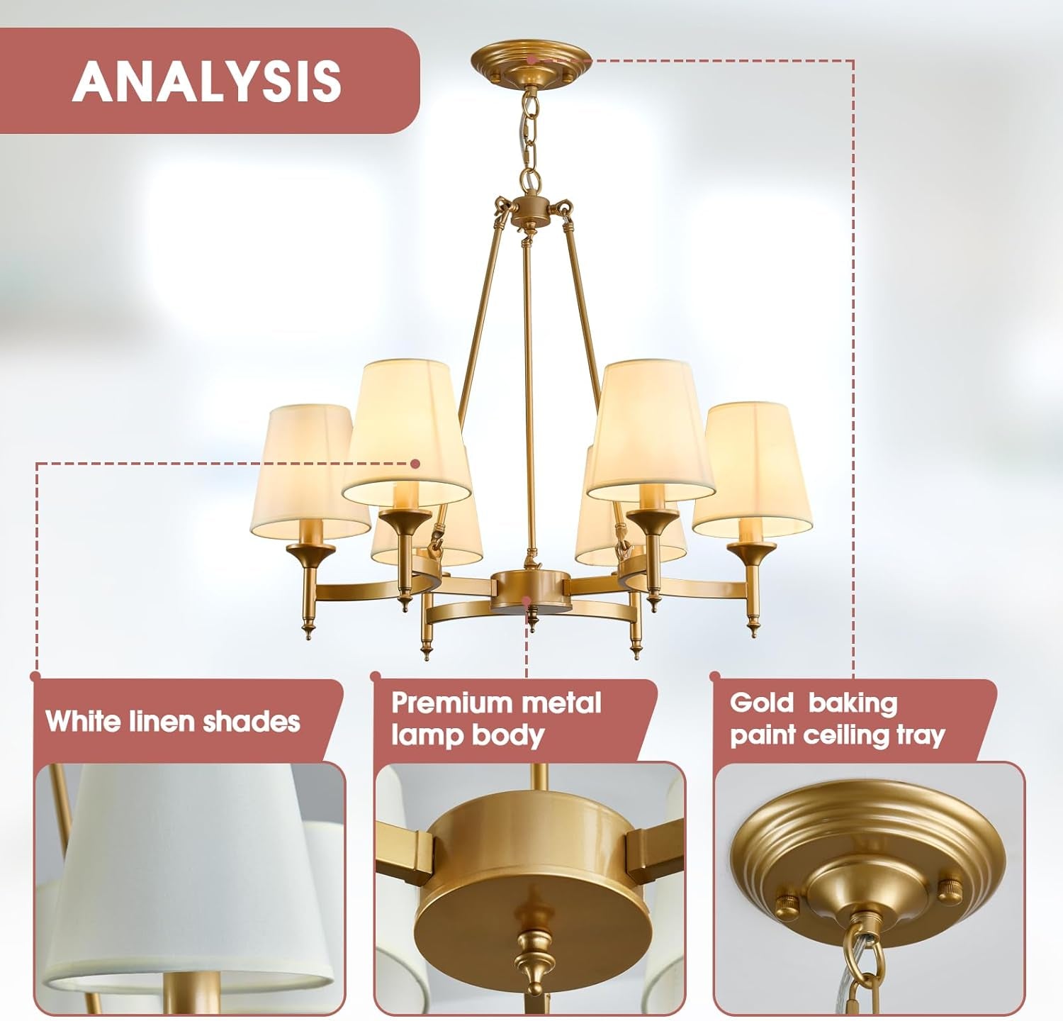 Gold Wagon Wheel Chandelier With White Linen Shade 6 Light