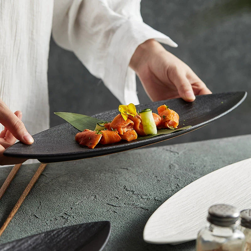 Leaf-Shaped Ceramic Serving Plate – Textured Long Dish for Sushi or Appetizers