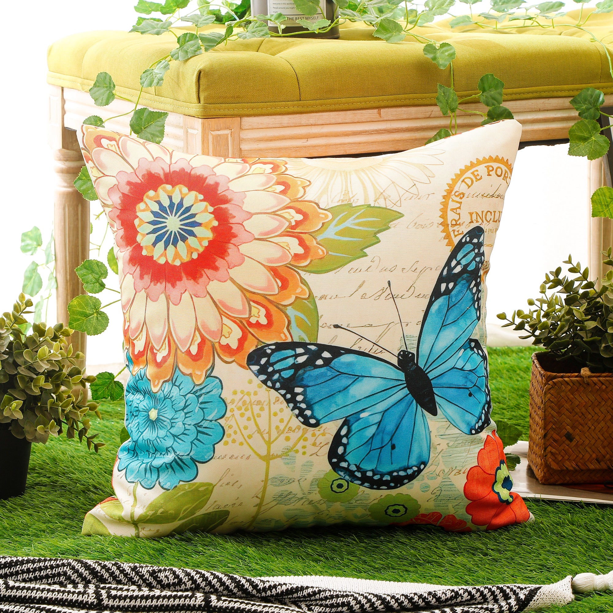 Colourful Flower and Butterfly Print Waterproof Cushion Cover  - Design 1 (Set of 4 - 45x45cm)