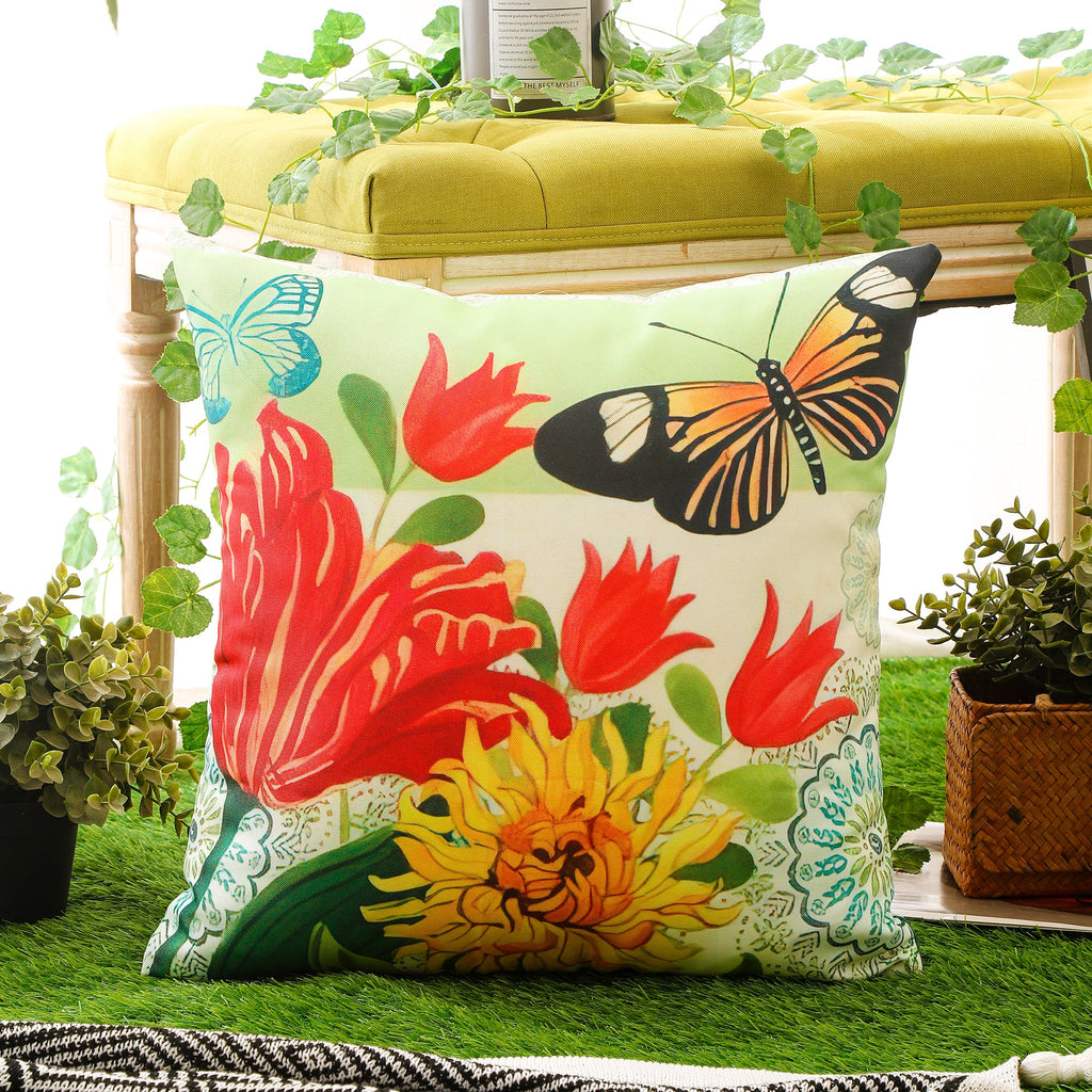 Colourful Flower and Butterfly Print Waterproof Cushion Cover  - Design 1 (Set of 4 - 45x45cm)