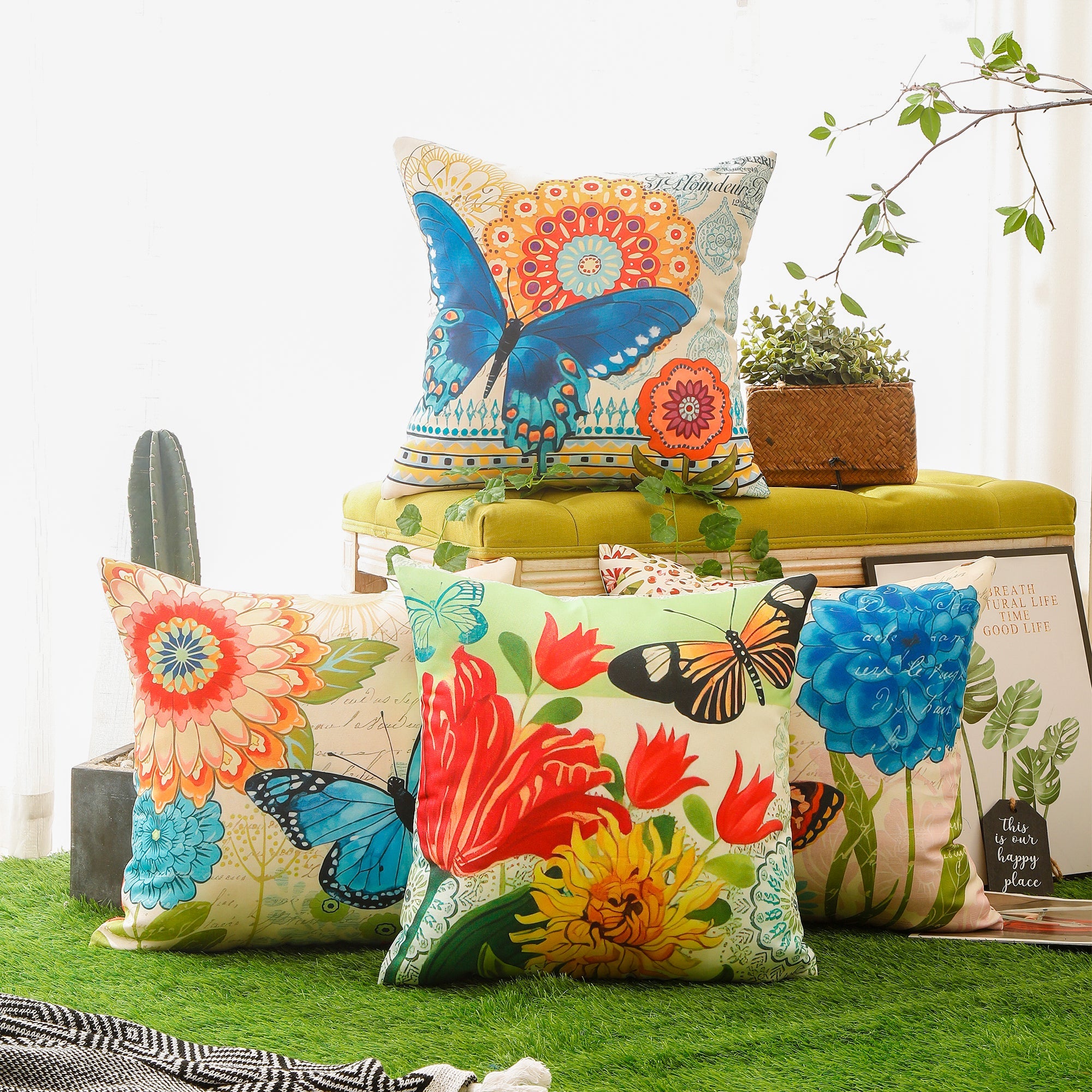 Colourful Flower and Butterfly Print Waterproof Cushion Cover  - Design 1 (Set of 4 - 45x45cm)