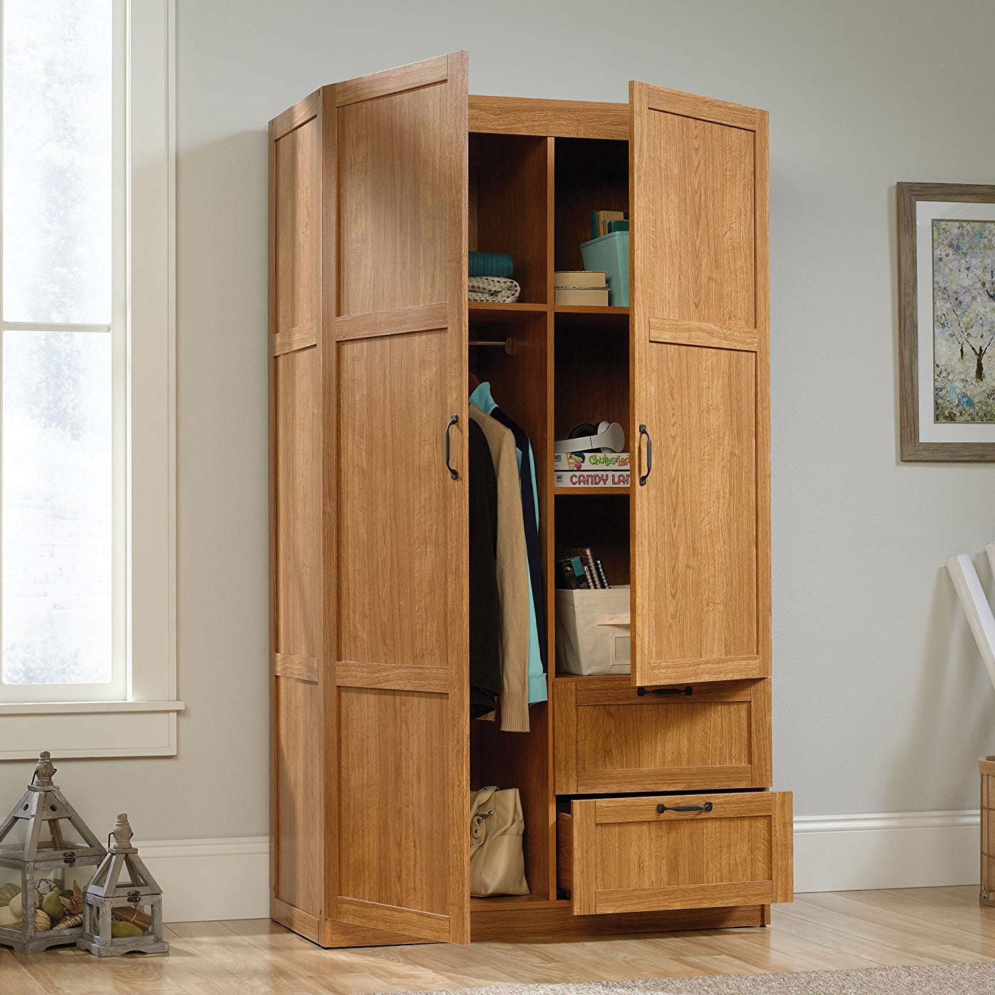 Bedroom Wardrobe Cabinet Storage Closet Organizer in Medium Oak Finish-0