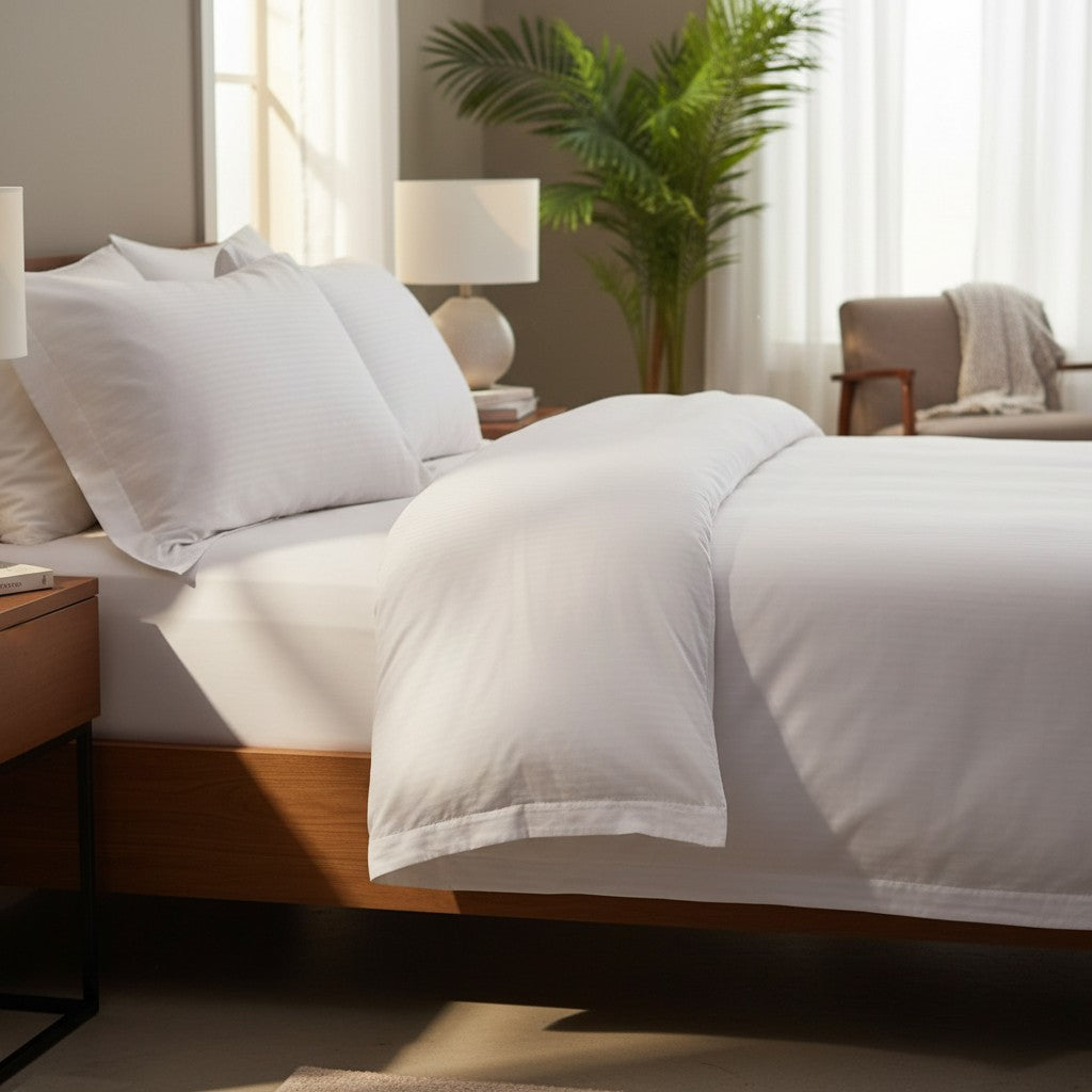 T-310 White Blended 6MM Satin Stripe Bed Sheets