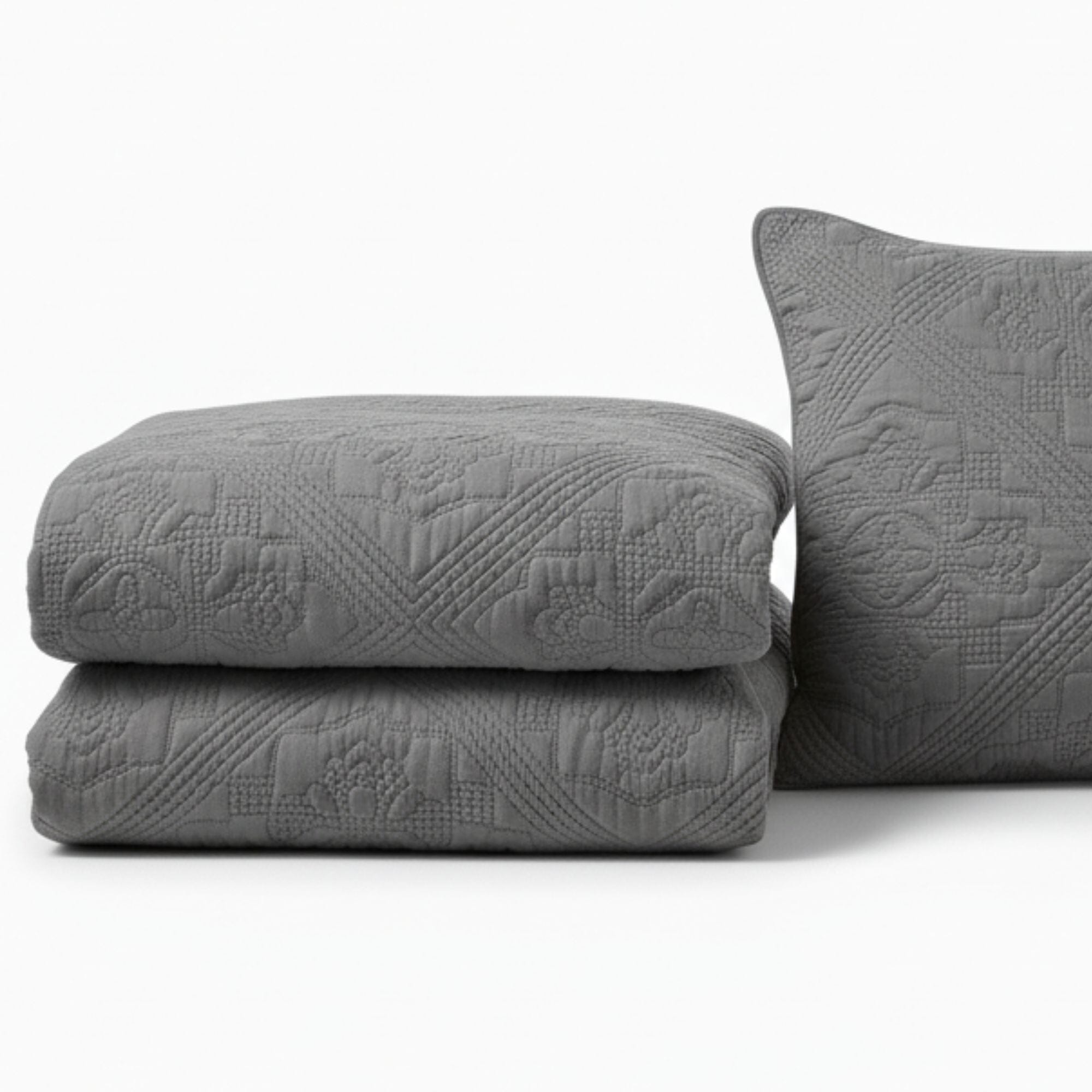 DaDa Bedding Floral Vintage Stone Wash Grey Matelassé Ash Silver Diamond Pattern Quilted Bedspread Set (JHW855)