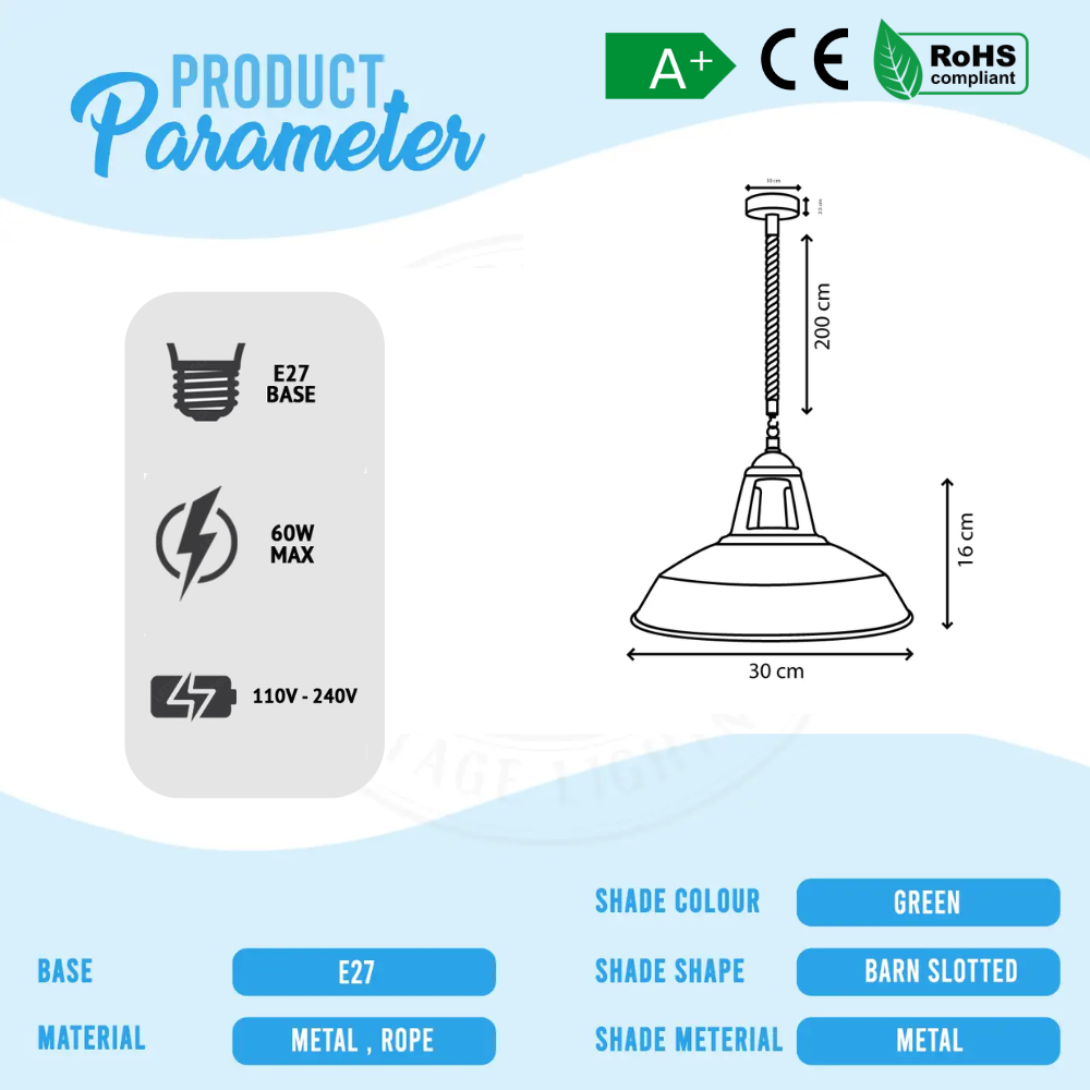 Vintage 2m Hemp Rope Pendant Ceiling Light | Metal Shade Kitchen Bar~5044