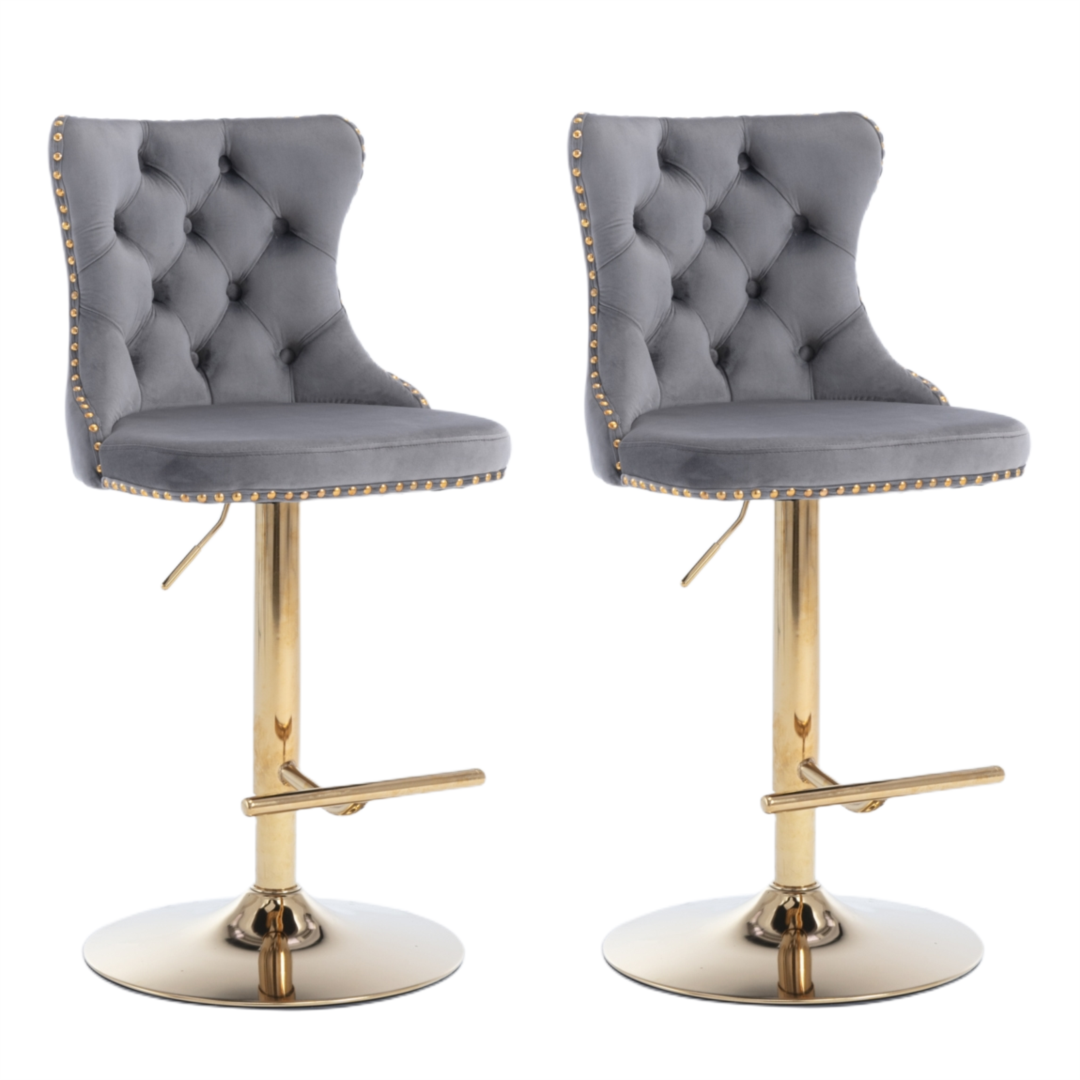 NNEDSZ 4x Height Adjustable Swivel Bar Stool Velvet Studs Barstool with Footrest and Golden Base- Grey