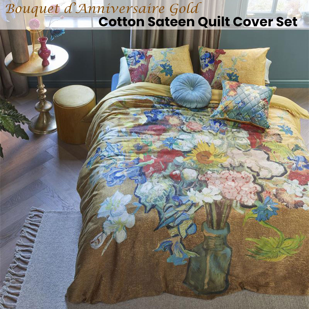 NNEDSZ Bedding House Van Gogh Bouquet d'Anniversaire Gold Cotton Sateen Quilt Cover Set Super King