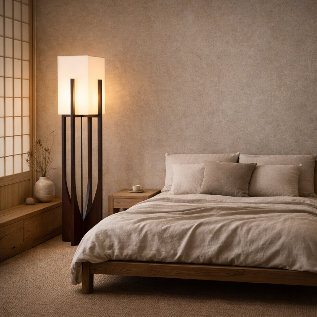 Minimalist Japanese Zen Floor Lamp, Solid Wood Standing Lamp with Soft Fabric Shade