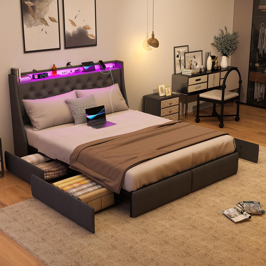 Queen Bed Frame With Storage Headboard LED Lighting-2