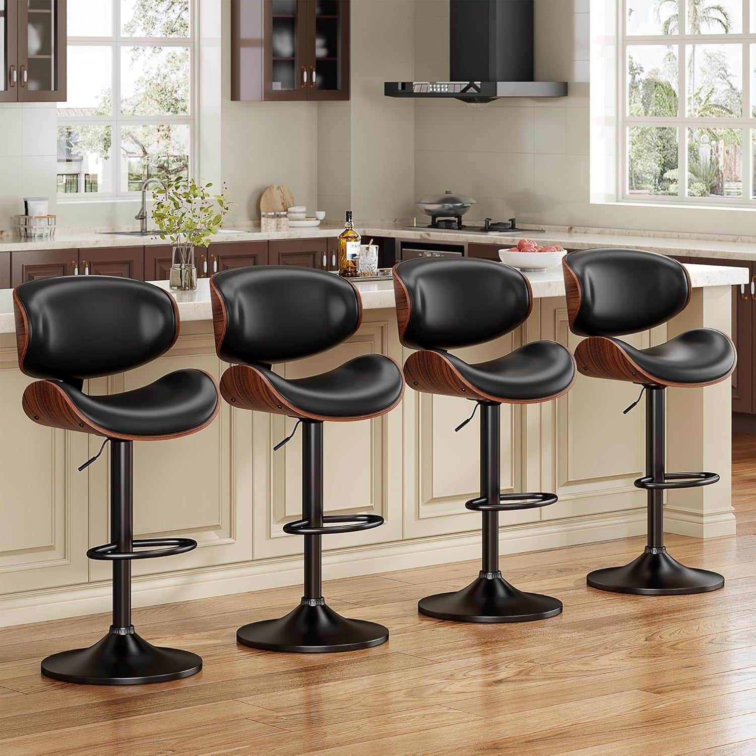 Adjustable Bentwood Bar Stools Set Of 2 PU Leather Upholstery-1