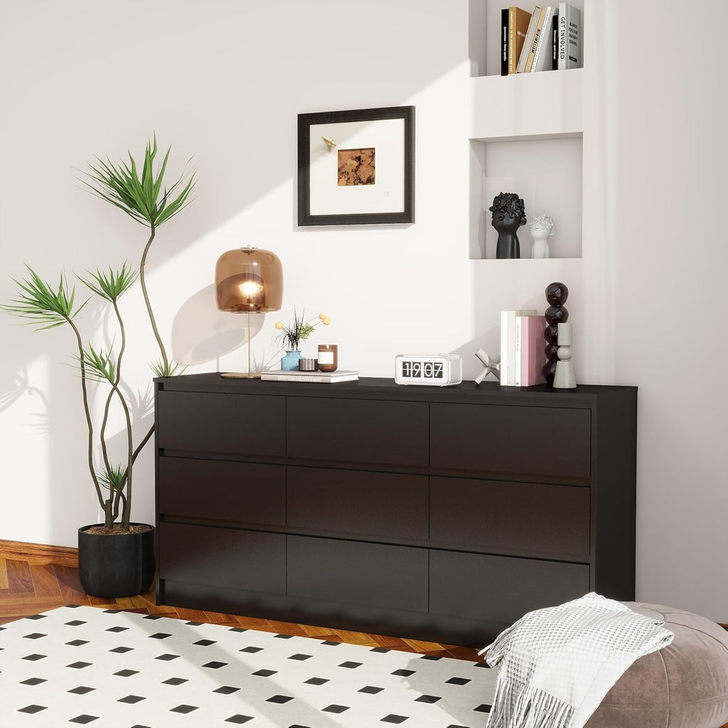 Black 9 Drawer Wood Dresser Cabinet Large For Bedroom