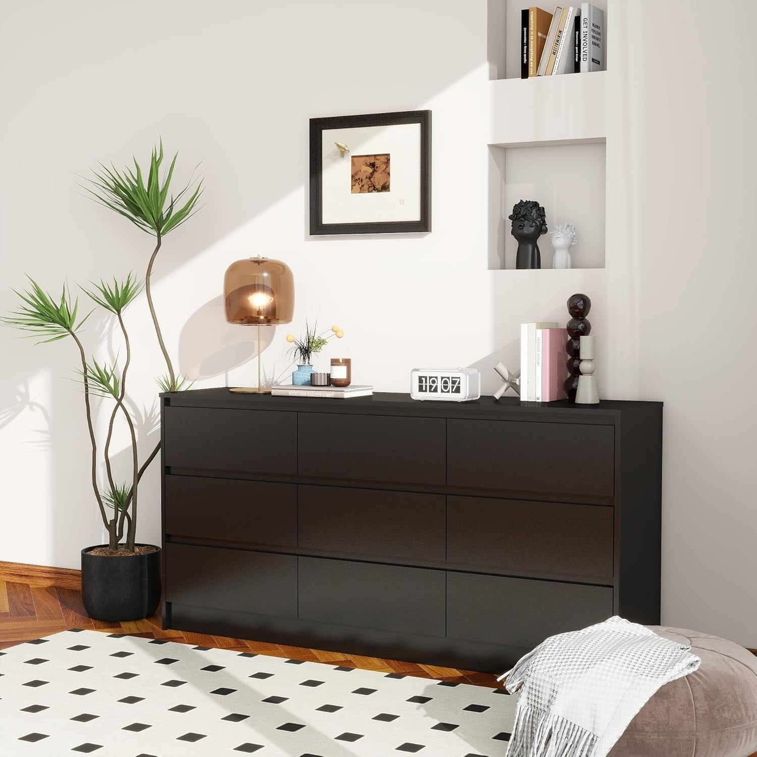Black 9 Drawer Wood Dresser Cabinet Large For Bedroom
