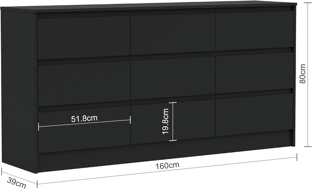 Black 9 Drawer Wood Dresser Cabinet Large For Bedroom