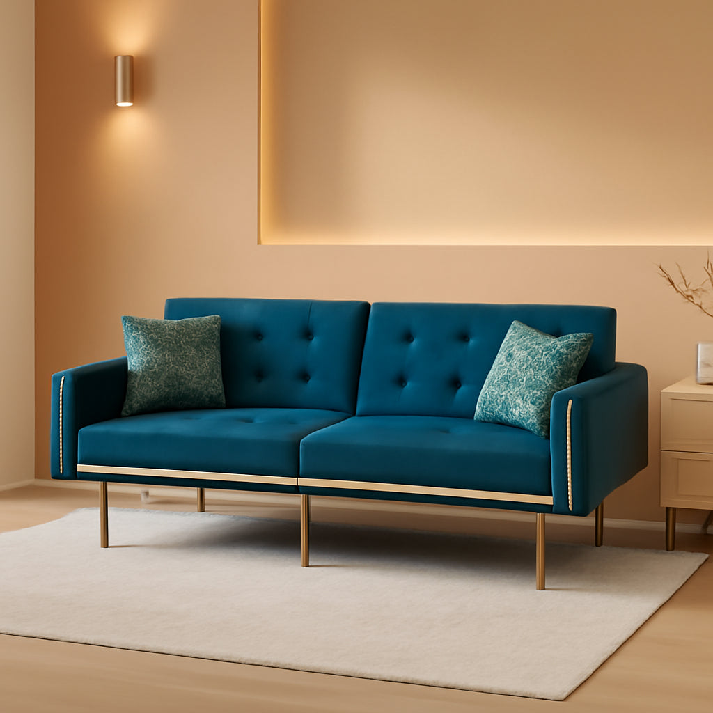 Convertible Velvet Sofa Bed With Golden Legs For Small Spaces