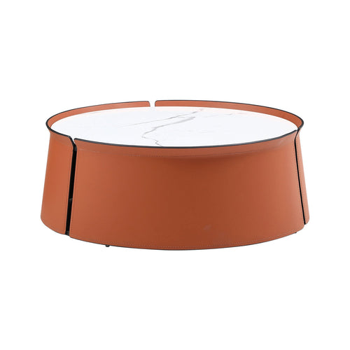 31.5" Coffee Table, Marble Top and Orange Saddle Leather Body-1