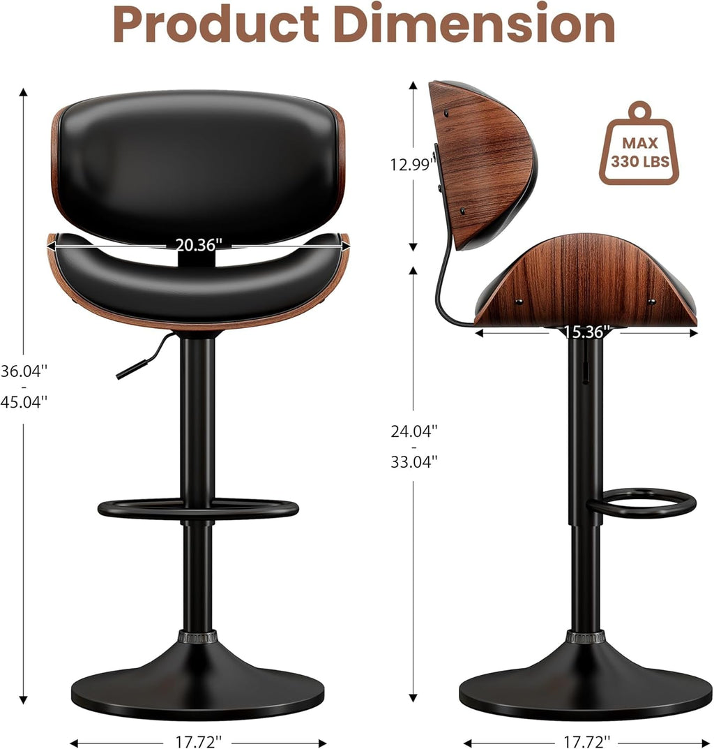 Adjustable Bentwood Bar Stools Set Of 2 PU Leather Upholstery-2