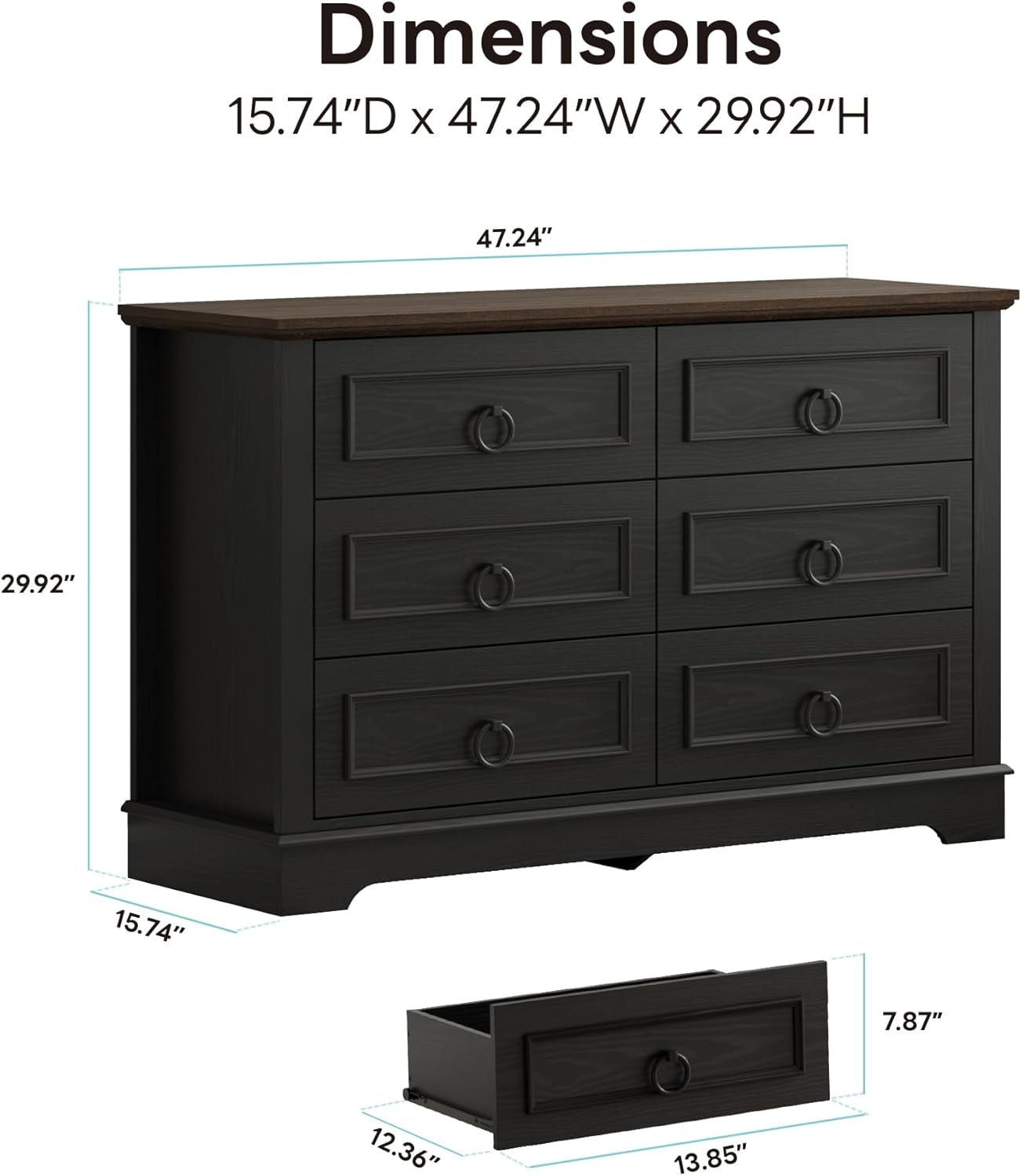 Black FortySevenPointTwoInch Wide Six Drawer Dresser