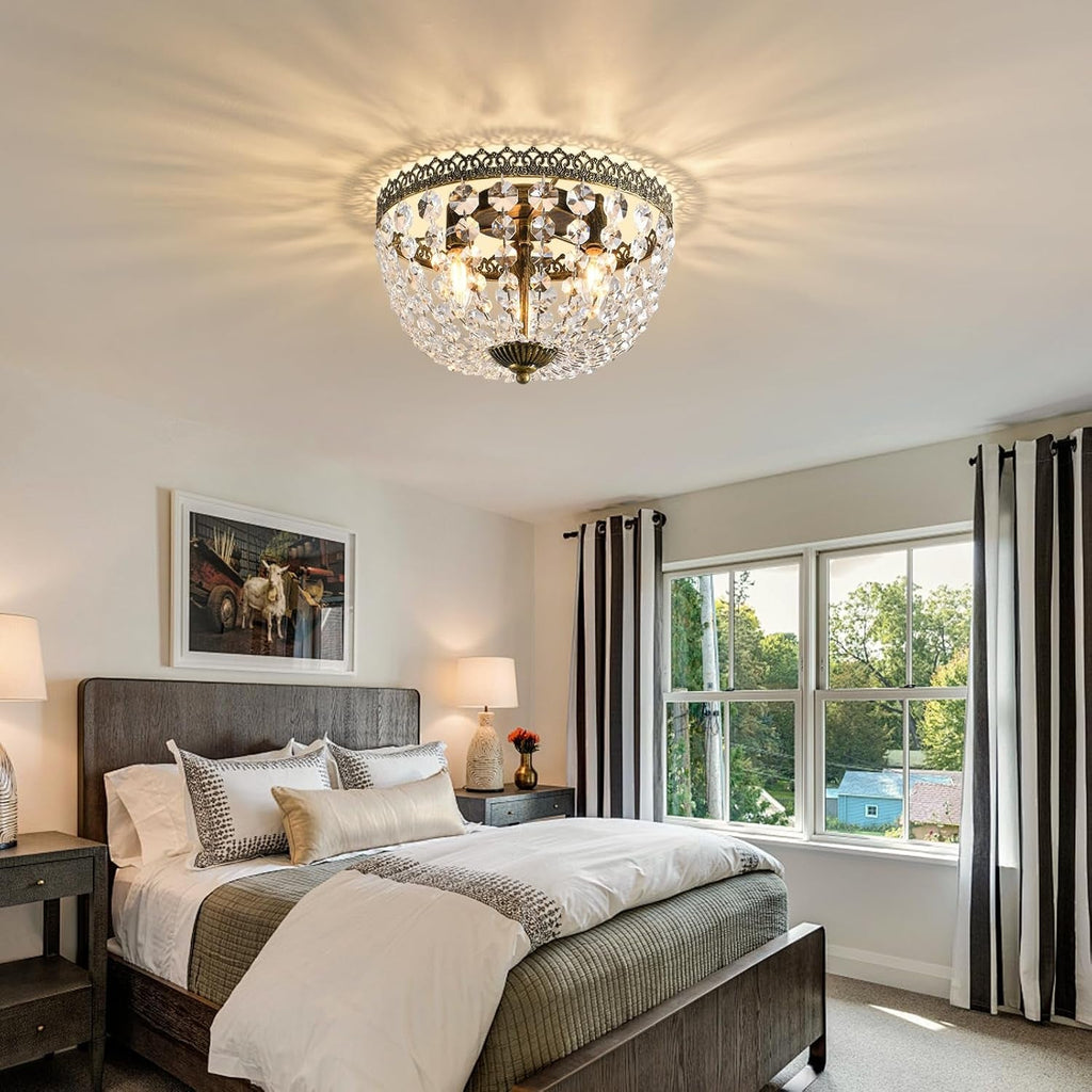 Three Light French Empire Crystal Chandelier Antique Bronze Dimmable Flush Mount