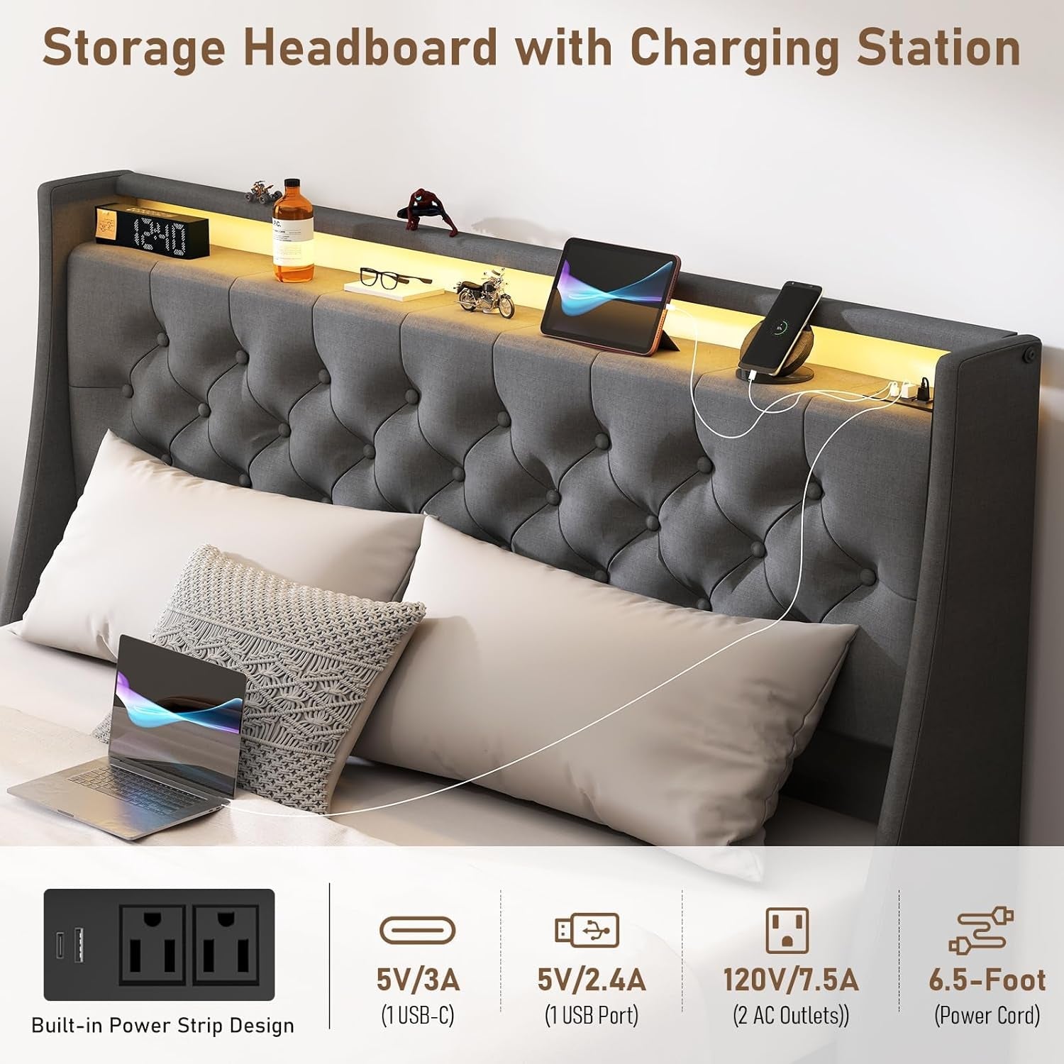 Queen Bed Frame With Storage Headboard LED Lighting-4