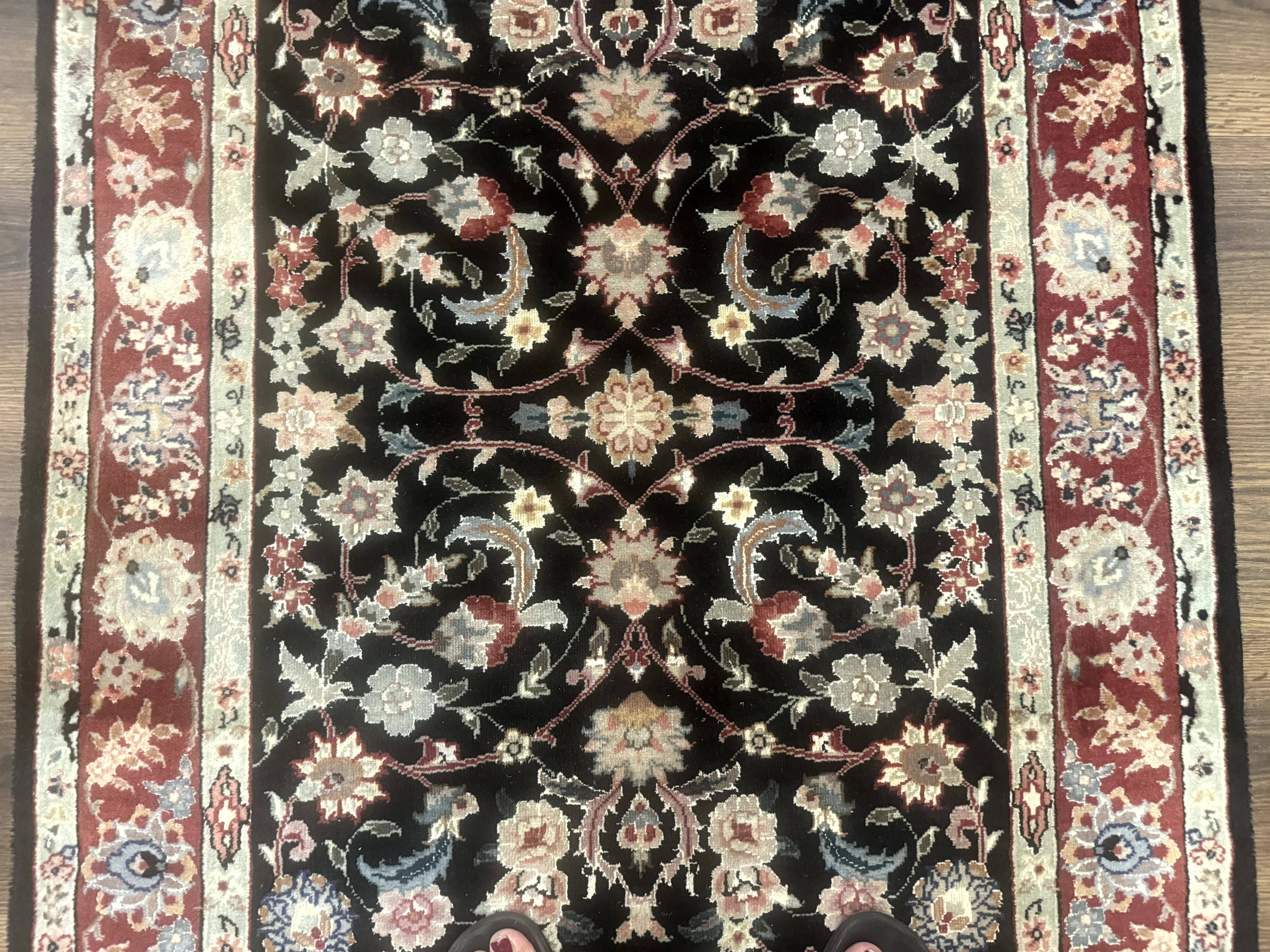Black Sino Persian Rug 3x5, Wool with Silk Highlights, Floral, Fine 170 KPSI