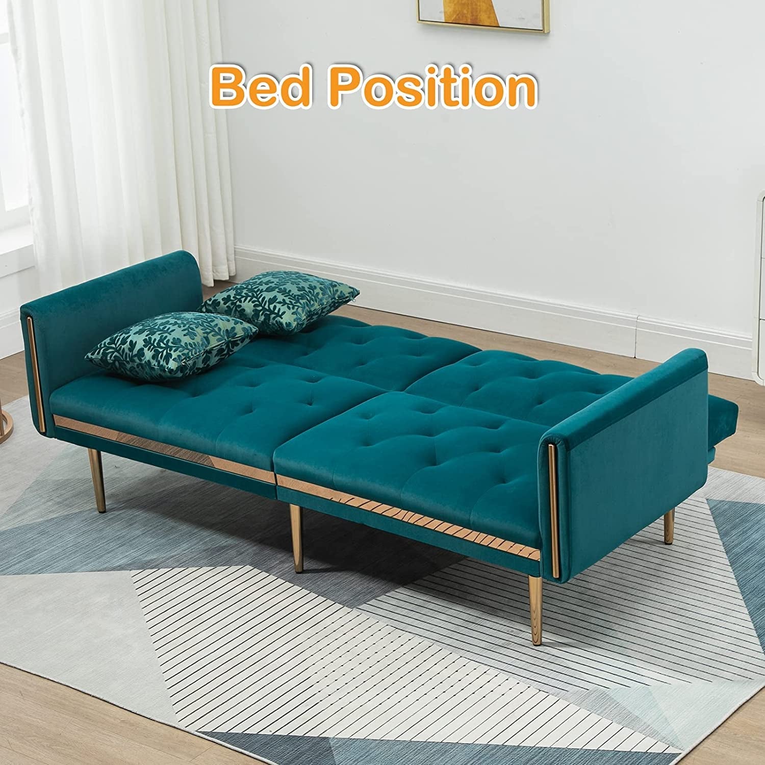 Convertible Velvet Sofa Bed With Golden Legs For Small Spaces